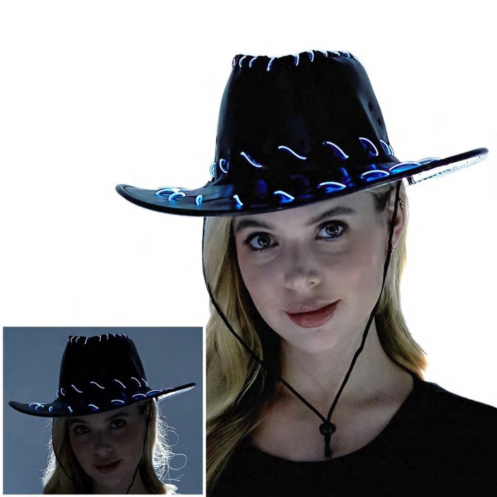 Light up cowboy western hat. Battery powered (batteries included).